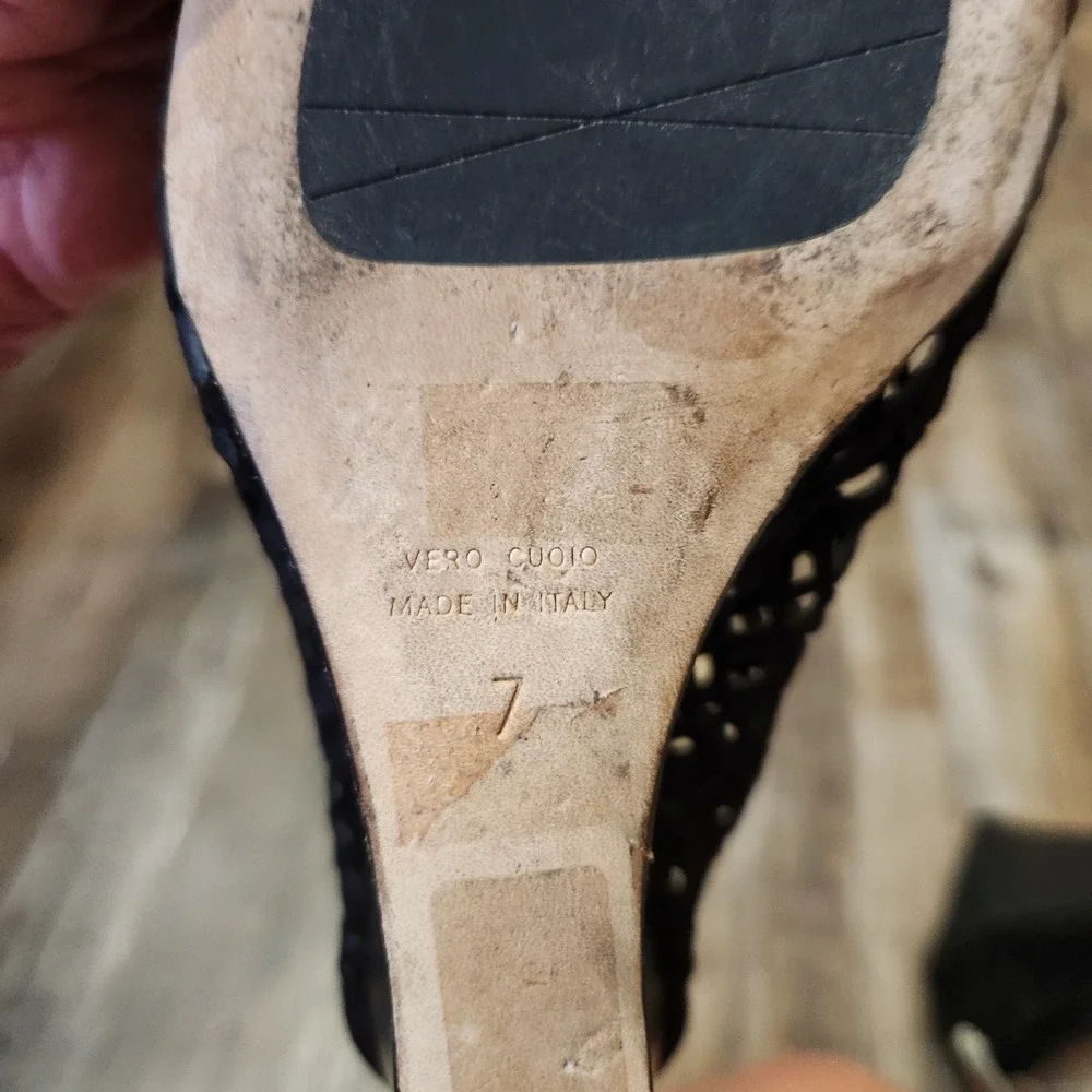 Aquatalia Black Suede Laser Cut Peep Toe Wedge Sandals Made in Italy Size 7